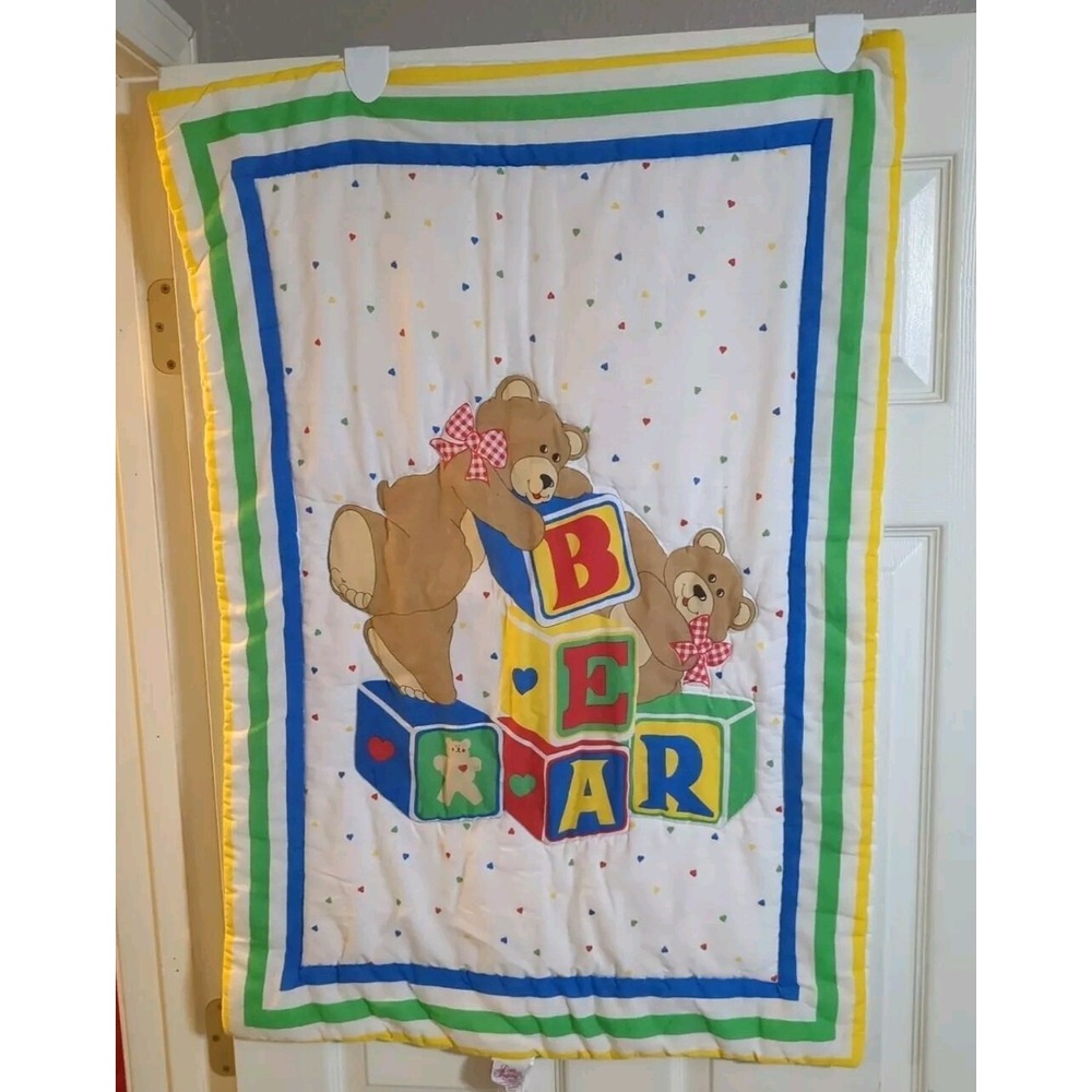 Vintage 1993 Little Bedding Teddy Bear Blocks Nursery Crib Blanket